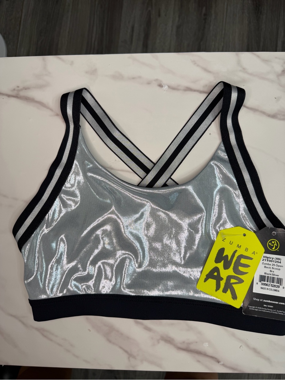 NWT Zumba 25th Anniversary Metallic Silver Open Back Scoop Bra - Size XS